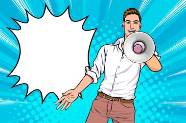 Hoparlörlü bir işadamı indirimli ya da indirimli olduğunu duyurdu. Alışveriş zamanı, protesto ya da Retro Pop Art Comic Style 'da buluşma teklif etti.
