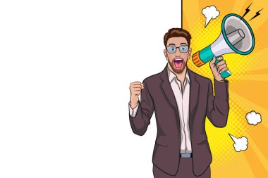 Hoparlörlü bir işadamı indirimli ya da indirimli olduğunu duyurdu. Alışveriş zamanı, protesto ya da Retro Pop Art Comic Style 'da buluşma teklif etti.