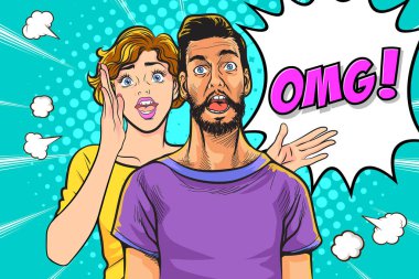 İnsanlar arkadaşlarına dedikodu ya da iş sırrı fısıldıyor. Retro Vintage Pop Art Comic Style 'da şaşırdılar.