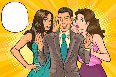 İnsanlar arkadaşlarına dedikodu ya da iş sırrı fısıldıyor. Retro Vintage Pop Art Comic Style 'da şaşırdılar.