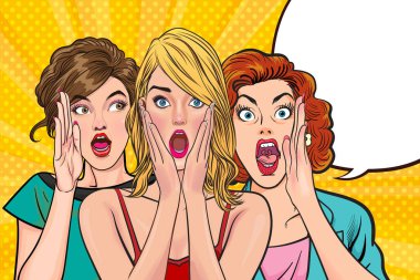 Bir kadın arkadaşına dedikodu ya da sır fısıldıyor. Retro Vintage Pop Art Comic Style 'da sürpriz.