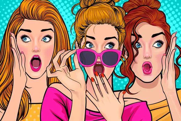 Bir kadın arkadaşına dedikodu ya da sır fısıldıyor. Retro Vintage Pop Art Comic Style 'da sürpriz.