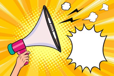 Elinde megafon megafonu olan retro pop sanat komedi tarzı reklam afişi ve megafon var. Haber duyurusu, satış, özel teklif, satış, indirim. Hoparlörden duyurulur