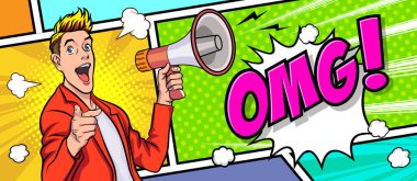 Hoparlörlü bir işadamı indirimli ya da indirimli olduğunu duyurdu. Alışveriş zamanı, protesto ya da Retro Pop Art Comic Style 'da buluşma teklif etti.