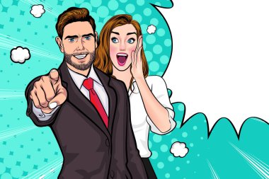 İnsanlar arkadaşlarına dedikodu ya da iş sırrı fısıldıyor. Retro Vintage Pop Art Comic Style 'da şaşırdılar.