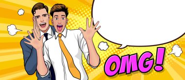 İş adamlarının dedikodu ya da iş sırrını arkadaşlarına fısıldaması Retro Vintage Pop Art Comic Style 'da sürpriz oldu