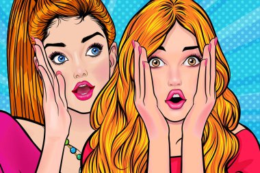 Bir kadın arkadaşına dedikodu ya da sır fısıldıyor. Retro Vintage Pop Art Comic Style 'da sürpriz.