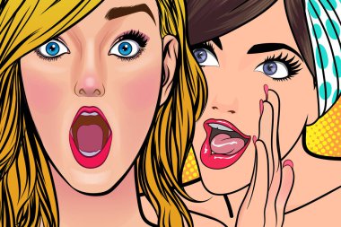Bir kadın arkadaşına dedikodu ya da sır fısıldıyor. Retro Vintage Pop Art Comic Style 'da sürpriz.
