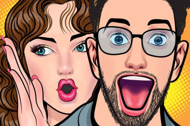 Bir kadın arkadaşına dedikodu ya da sır fısıldıyor. Retro Vintage Pop Art Comic Style 'da sürpriz.
