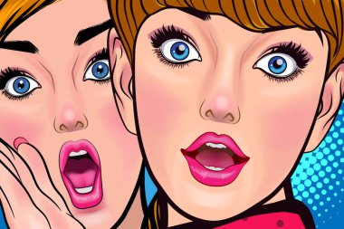 Bir kadın arkadaşına dedikodu ya da sır fısıldıyor. Retro Vintage Pop Art Comic Style 'da sürpriz.