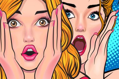 Bir kadın arkadaşına dedikodu ya da sır fısıldıyor. Retro Vintage Pop Art Comic Style 'da sürpriz.