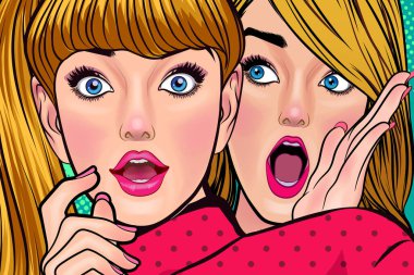 Bir kadın arkadaşına dedikodu ya da sır fısıldıyor. Retro Vintage Pop Art Comic Style 'da sürpriz.