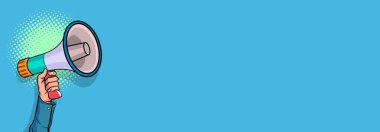 El ele tutuşan megafon hoparlörlü retro pop sanat komedi stili Reklam Dünyası afişi