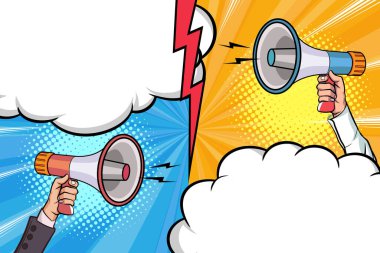 El ele tutuşan megafon hoparlörlü retro pop sanat komedi stili Reklam Dünyası afişi