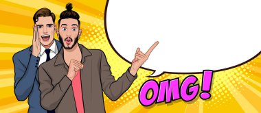 İş adamlarının dedikodu ya da iş sırrını arkadaşlarına fısıldaması Retro Vintage Pop Art Comic Style 'da sürpriz oldu