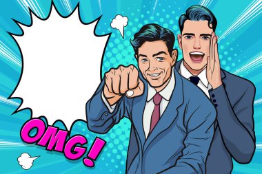 İş adamlarının dedikodu ya da iş sırrını arkadaşlarına fısıldaması Retro Vintage Pop Art Comic Style 'da sürpriz oldu