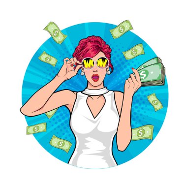 Çeşitli pozlardaki kadın ya da iş adamı Avatar 'ı, çember arkaplan, retro pop sanat çizgi romanları tarzı.