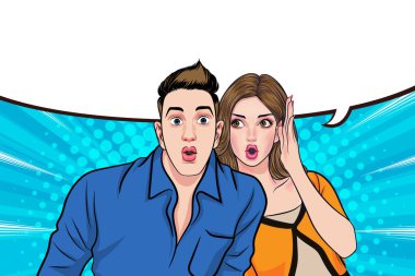 İnsanlar arkadaşlarına dedikodu ya da iş sırrı fısıldıyor. Retro Vintage Pop Art Comic Style 'da şaşırdılar.