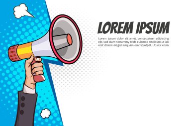 El ele tutuşan megafon hoparlörlü retro pop sanat komedi stili Reklam Dünyası afişi