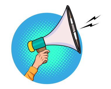 El ele tutuşan megafon hoparlörlü retro pop sanat komedi stili Reklam Dünyası afişi