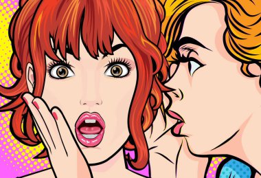 Bir kadın arkadaşına dedikodu ya da sır fısıldıyor. Retro Vintage Pop Art Comic Style 'da sürpriz.