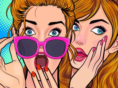 Bir kadın arkadaşına dedikodu ya da sır fısıldıyor. Retro Vintage Pop Art Comic Style 'da sürpriz.