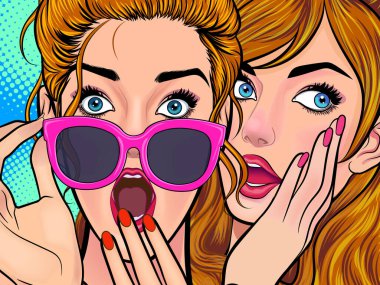 Woman whispering gossip or secret to her friend surprise In Retro Vintage Pop Art Comic Style clipart