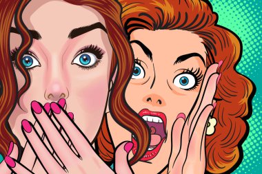 Bir kadın arkadaşına dedikodu ya da sır fısıldıyor. Retro Vintage Pop Art Comic Style 'da sürpriz.