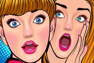 Bir kadın arkadaşına dedikodu ya da sır fısıldıyor. Retro Vintage Pop Art Comic Style 'da sürpriz.