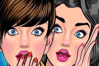 Bir kadın arkadaşına dedikodu ya da sır fısıldıyor. Retro Vintage Pop Art Comic Style 'da sürpriz.