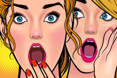 Bir kadın arkadaşına dedikodu ya da sır fısıldıyor. Retro Vintage Pop Art Comic Style 'da sürpriz.