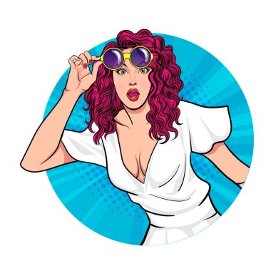 Çeşitli pozlardaki kadın ya da iş adamı Avatar 'ı, çember arkaplan, retro pop sanat çizgi romanları tarzı.
