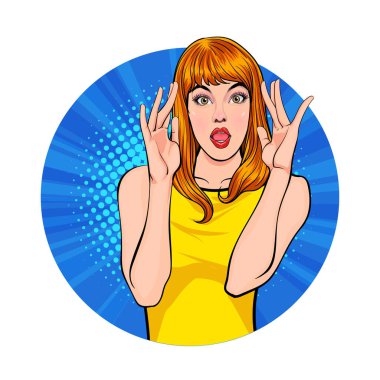 Çeşitli pozlardaki kadın ya da iş adamı Avatar 'ı, çember arkaplan, retro pop sanat çizgi romanları tarzı.