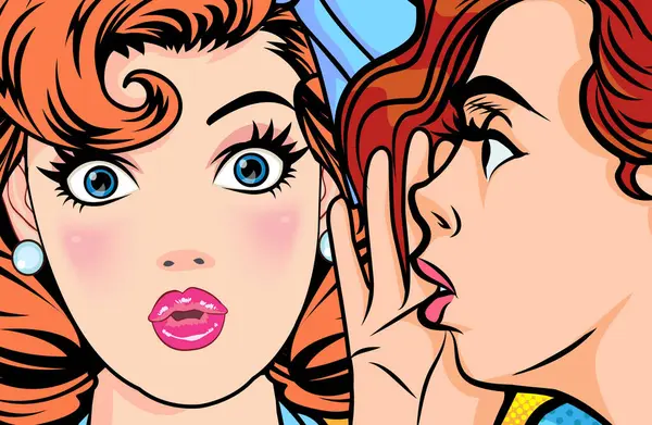 Bir kadın arkadaşına dedikodu ya da sır fısıldıyor. Retro Vintage Pop Art Comic Style 'da sürpriz.