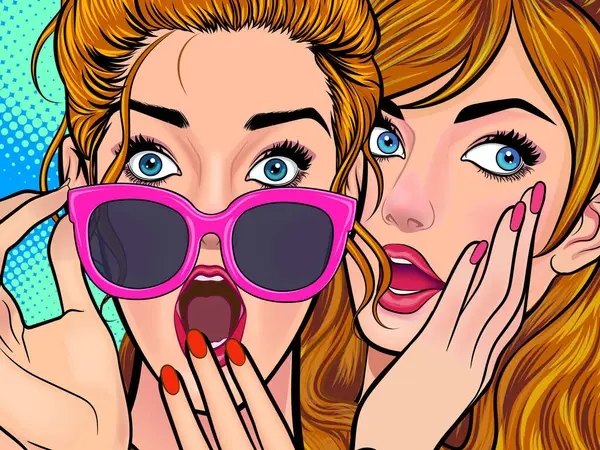 Bir kadın arkadaşına dedikodu ya da sır fısıldıyor. Retro Vintage Pop Art Comic Style 'da sürpriz.