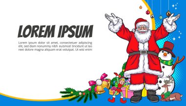 Mutlu Noeller Noel Baba ve Kardan Adam Ren Geyiği Geyiği Noel kızı kırmızı elbiseli pop sanat çizgi romanları tarzında