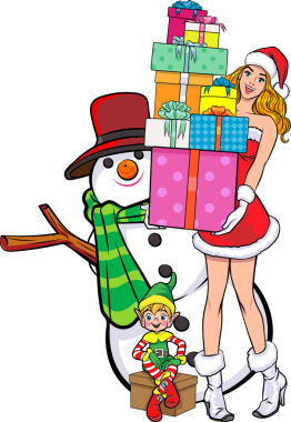 Mutlu Noeller, mutlu yıllar Noel Baba ve güzel bir kadın pop sanat çizgi romanları sergiliyor.