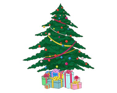 Mutlu noel ağaçları ve kardan geyik geyikleri Noel kızı kırmızı elbiseli pop sanat çizgi romanları tarzında