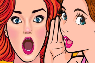 Bir kadın arkadaşına dedikodu ya da sır fısıldıyor. Retro Vintage Pop Art Comic Style 'da sürpriz.