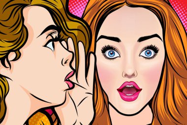 Bir kadın arkadaşına dedikodu ya da sır fısıldıyor. Retro Vintage Pop Art Comic Style 'da sürpriz.
