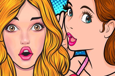 Bir kadın arkadaşına dedikodu ya da sır fısıldıyor. Retro Vintage Pop Art Comic Style 'da sürpriz.