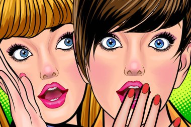 Bir kadın arkadaşına dedikodu ya da sır fısıldıyor. Retro Vintage Pop Art Comic Style 'da sürpriz.