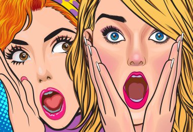 Bir kadın arkadaşına dedikodu ya da sır fısıldıyor. Retro Vintage Pop Art Comic Style 'da sürpriz.