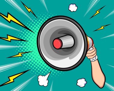 El ele tutuşan megafon hoparlörlü retro pop sanat komedi stili Reklam Dünyası afişi