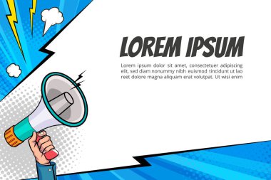 El ele tutuşan megafon hoparlörlü retro pop sanat komedi stili Reklam Dünyası afişi