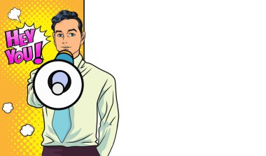 Hoparlörlü bir işadamı indirimli ya da indirimli olduğunu duyurdu. Alışveriş zamanı, protesto ya da Retro Pop Art Comic Style 'da buluşma teklif etti.