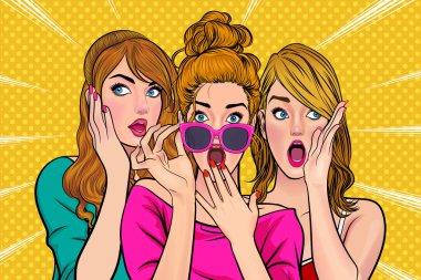 Bir kadın arkadaşına dedikodu ya da sır fısıldıyor. Retro Vintage Pop Art Comic Style 'da sürpriz.