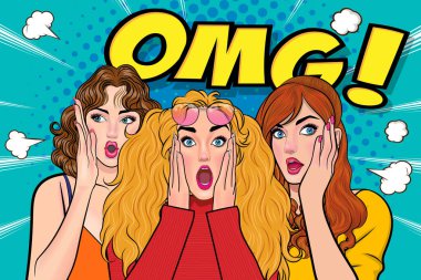 Bir kadın arkadaşına dedikodu ya da sır fısıldıyor. Retro Vintage Pop Art Comic Style 'da sürpriz.