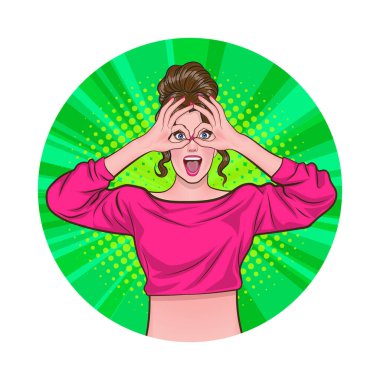 Çeşitli pozlardaki kadın ya da iş adamı Avatar 'ı, çember arkaplan, retro pop sanat çizgi romanları tarzı.