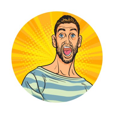 Çeşitli pozlarda insan ya da iş adamı Avatar 'ı, çember arkaplan, retro pop sanat çizgi romanları tarzı.